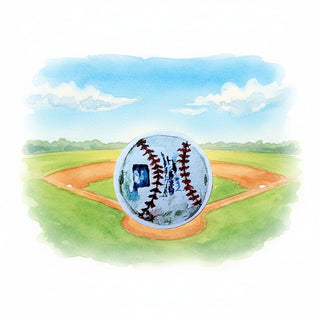 A circular custom baseball-themed coaster or decorative tile featuring a watercolor-style design with red baseball stitching, a blue and white baseball player, and green grass accents on a white background.